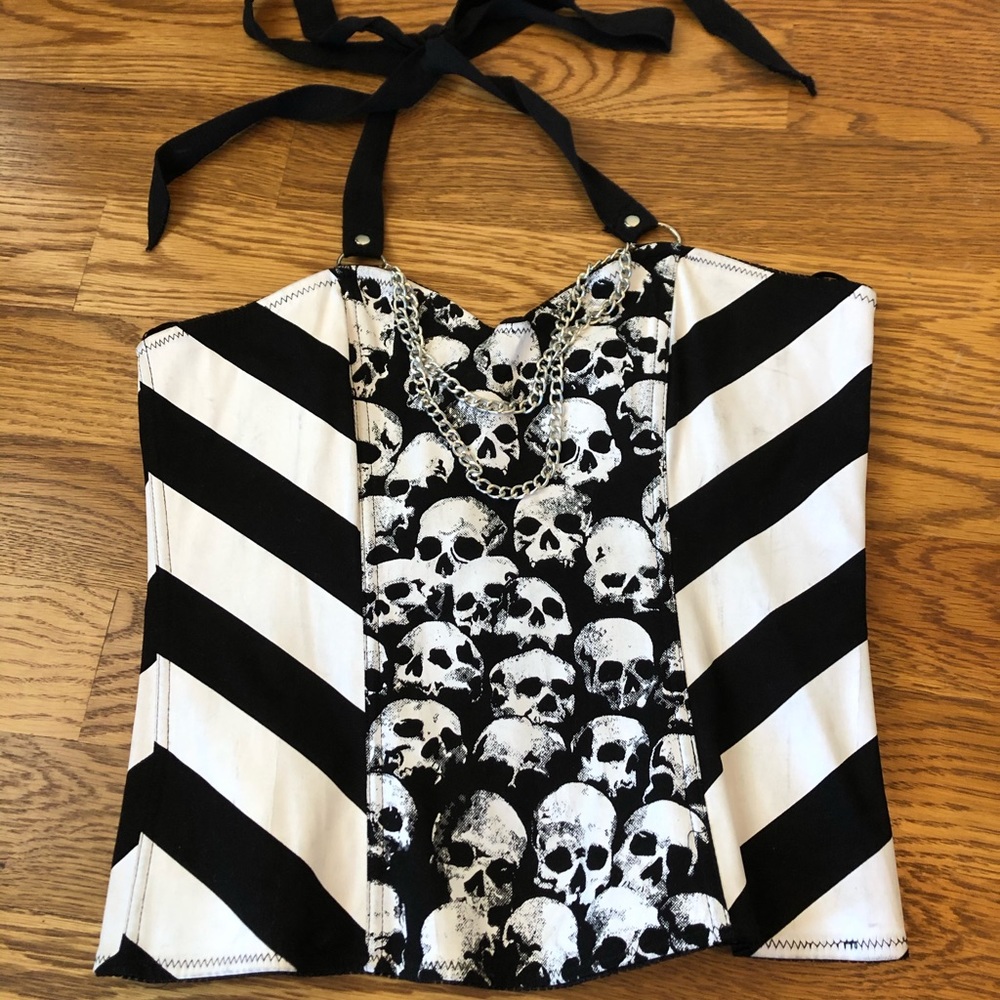 Black & White Skull Stripe Halter Bustier Top